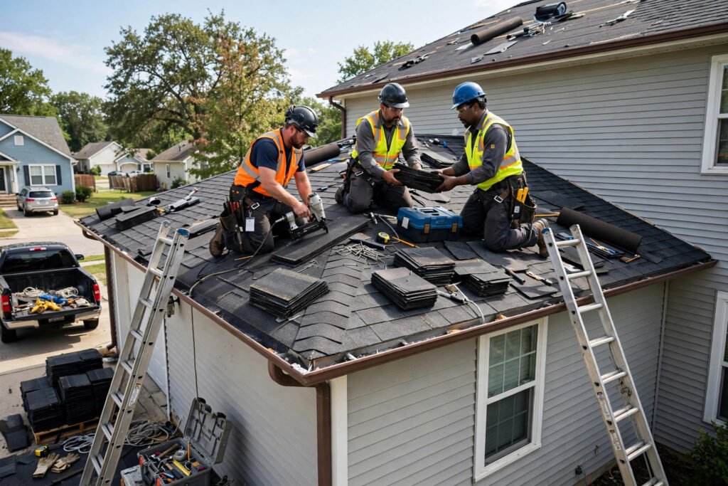 Roofing crew installing a new roof